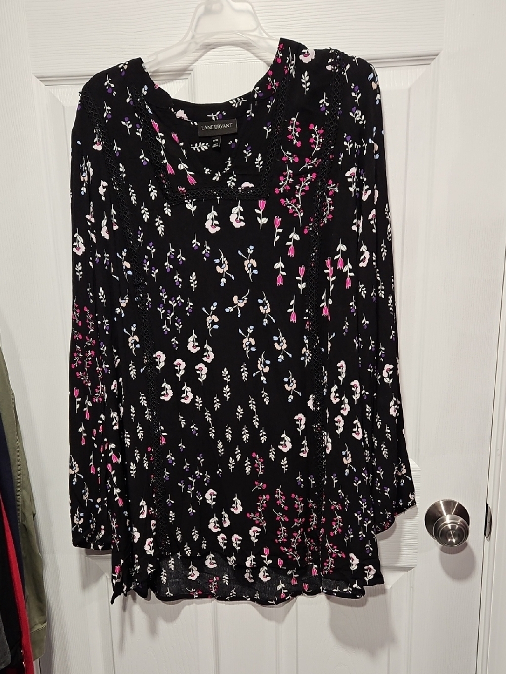 Lane Bryant Black Floral Peasant Blouse with Pink & Purple Accents
